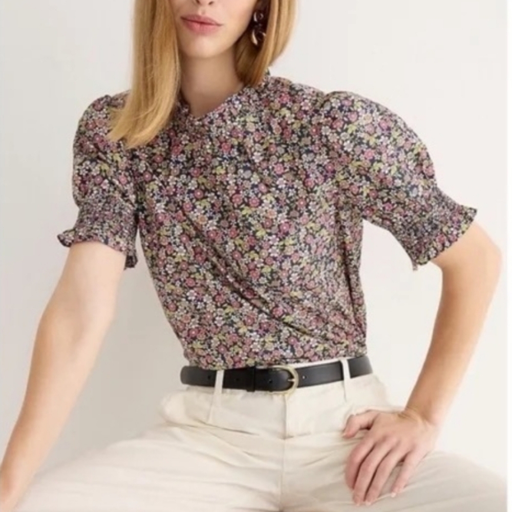 J.Crew Floral Smocked Puff-Sleeve 100% Cotton Poplin Top Multi-Color Pink Black